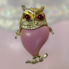 Vintage Gold Tone Pink Red Statement Owl Brooch
