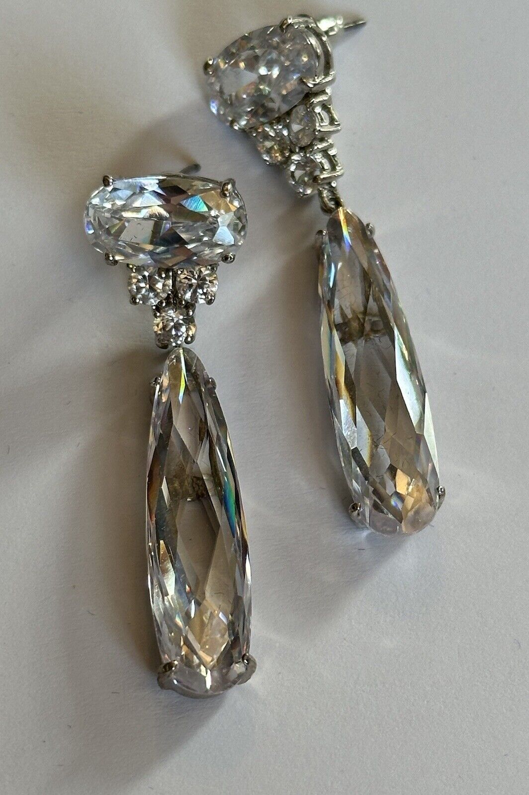 Vintage 1980s Rhodium Plated Clear Crystal Drop Earrings New Old Stock
