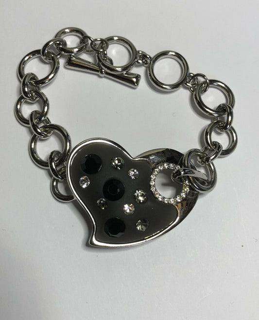 Vintage Silver Tone Glass Heart Diamanté Toggle Bracelet