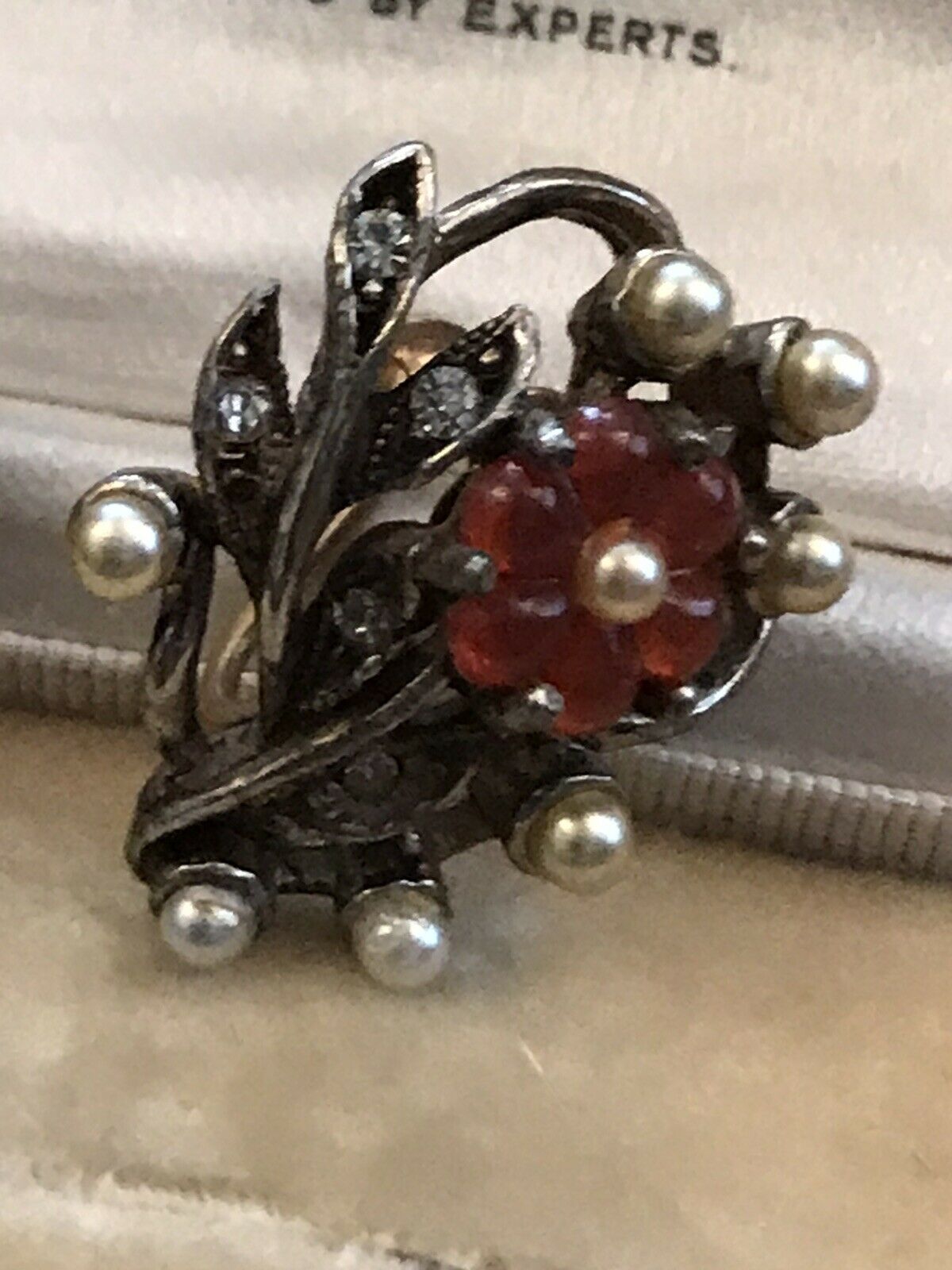 Vintage Paste Faux Pearl Diamanté Red Lucite Screwback Earrings