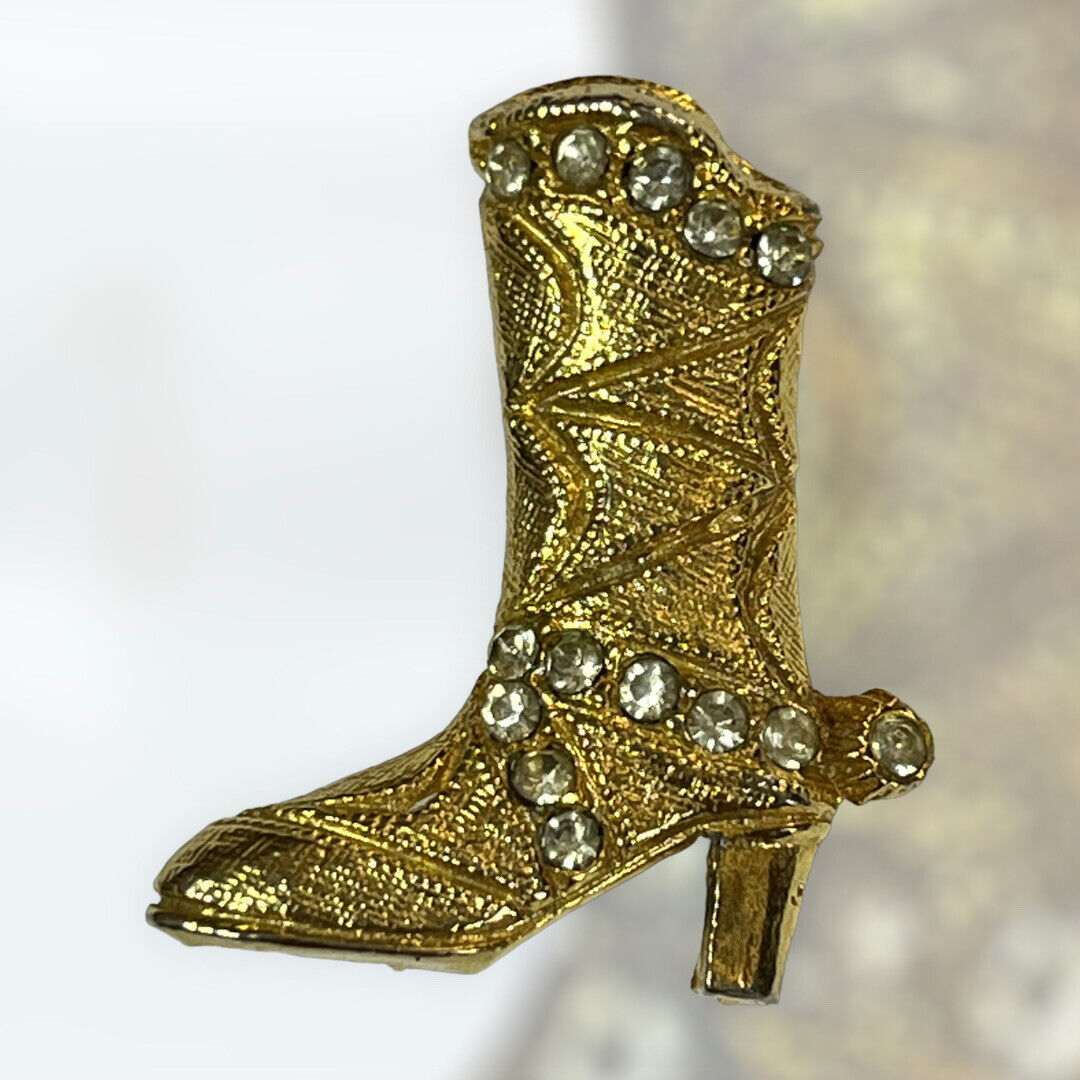 Vintage Gold Tone Diamanté Cowboy Boot Brooch