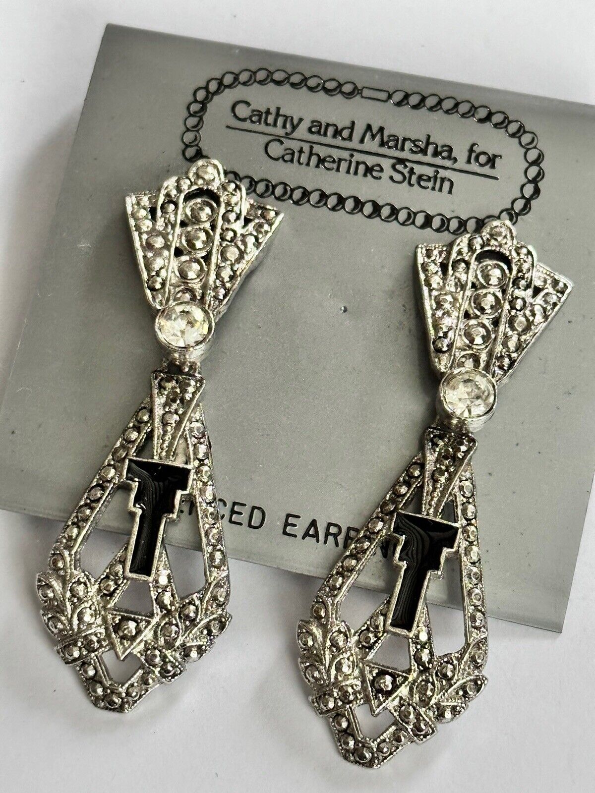 Vintage 1980s Cathy And Marsha For Catherine Stein Marcasite Style Drop Earrings