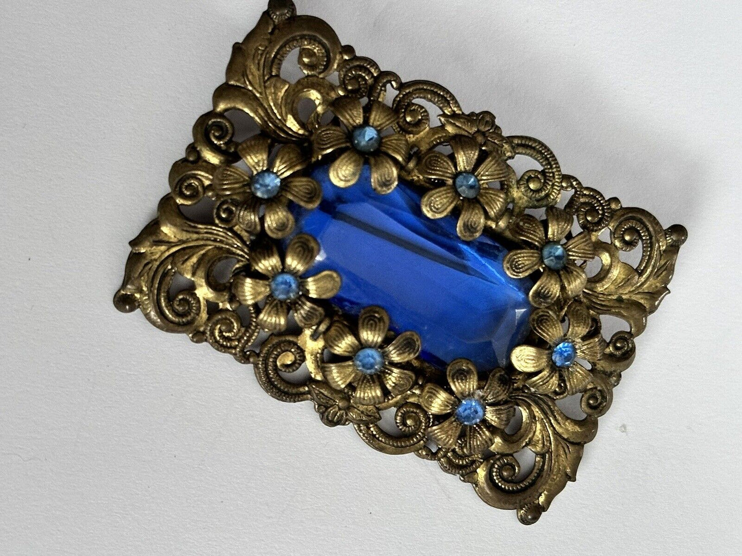 Vintage Blue Flowers Czech Crystal Brooch