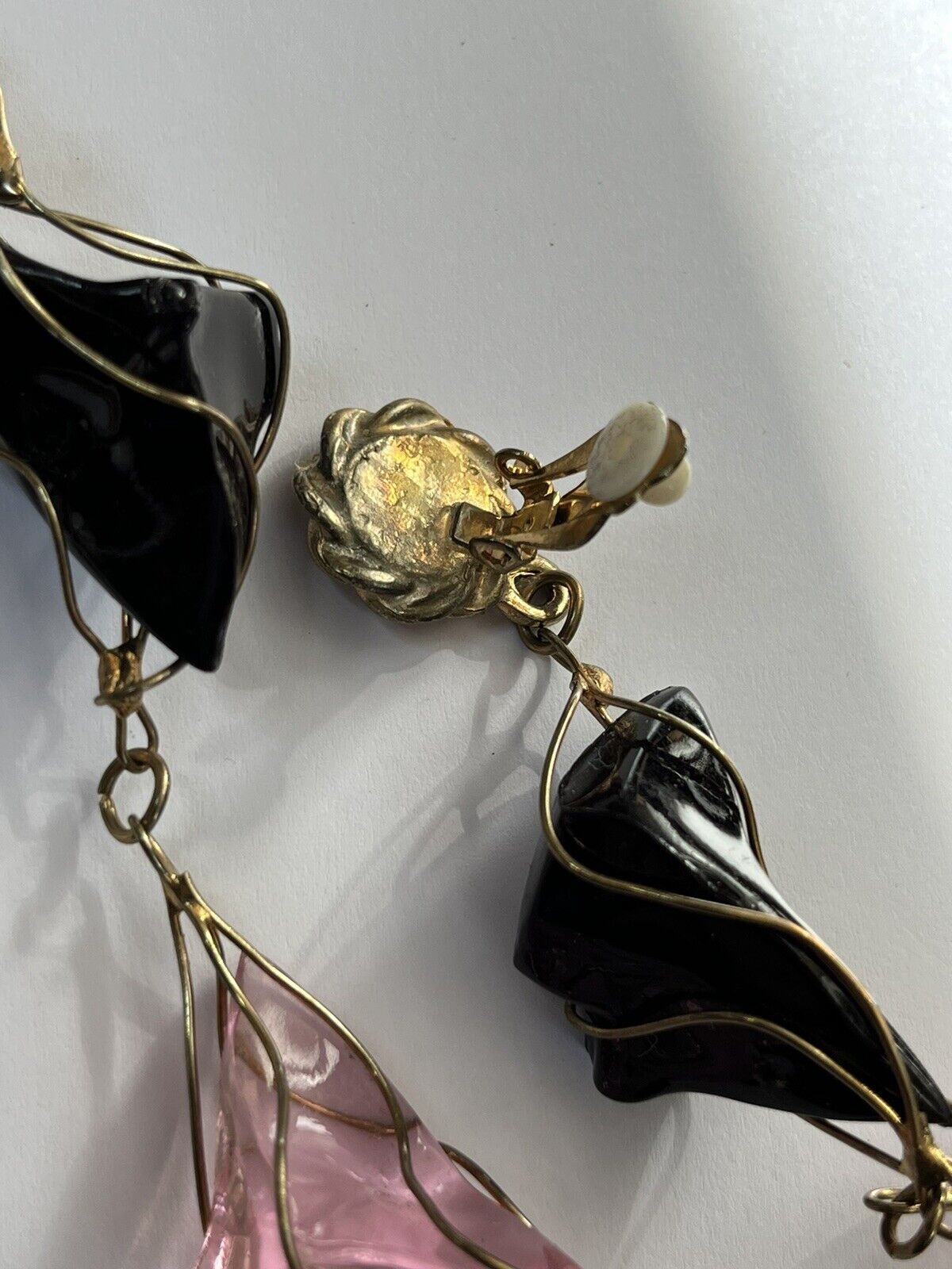 Vintage 1980s Black Pink Acrylic Long Length Statement Earrings
