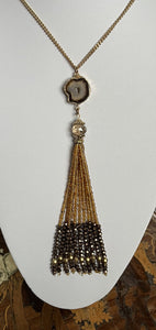 Vintage Gold Plated Natural Geode Long Length Beaded Necklace
