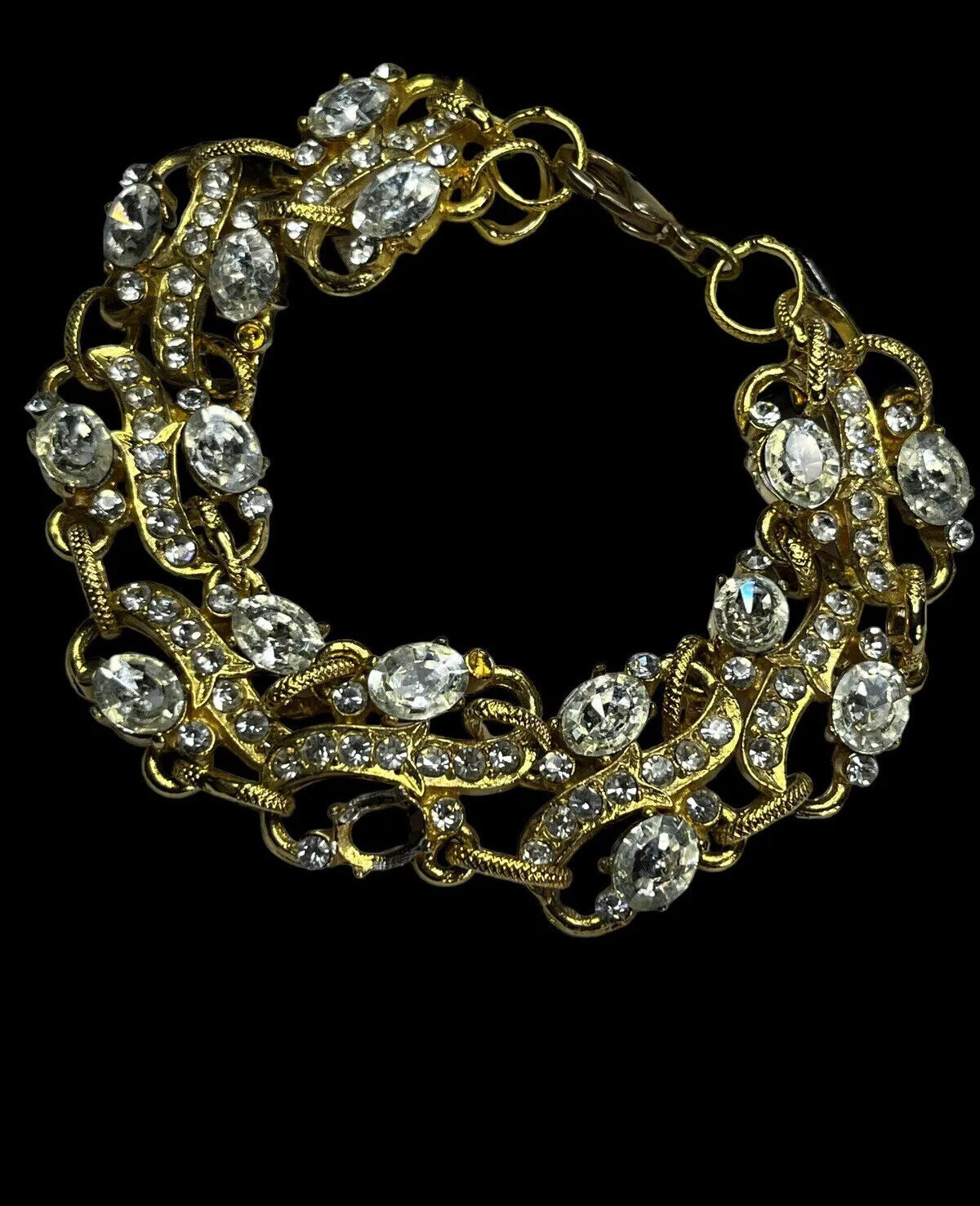Vintage Signed Gold Plated Detailed Diamanté Bracelet