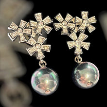 Vintage 1980s Rhodium Plated Crystal Flowers Drop Earrings New Old Stock Boxed