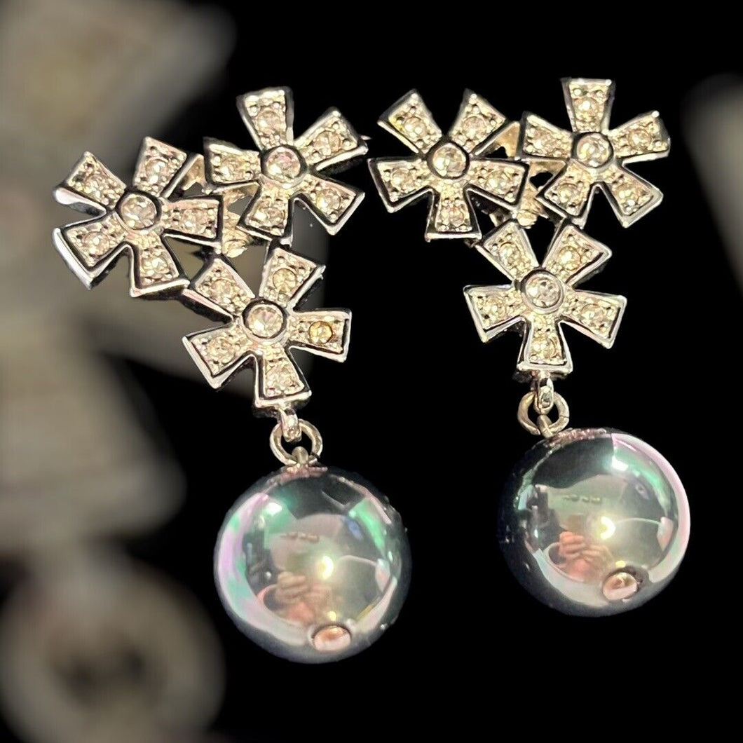Vintage 1980s Rhodium Plated Crystal Flowers Drop Earrings New Old Stock Boxed