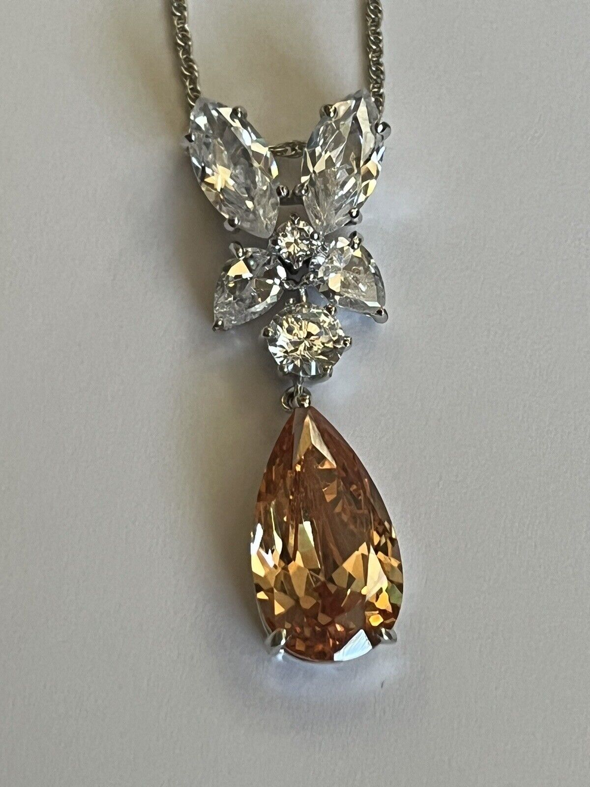 Vintage 1980s Rhodium Plated Orange Teardrop Crystal Necklace New Old Stock