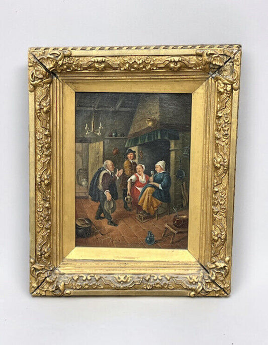Tavern Or Inn Scene. Oil On Canvas In Gold Gilt Frame.