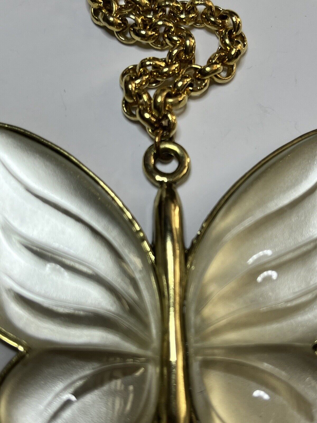 Vintage Gold Tone Pearlised Statement Butterfly Pendant Necklace