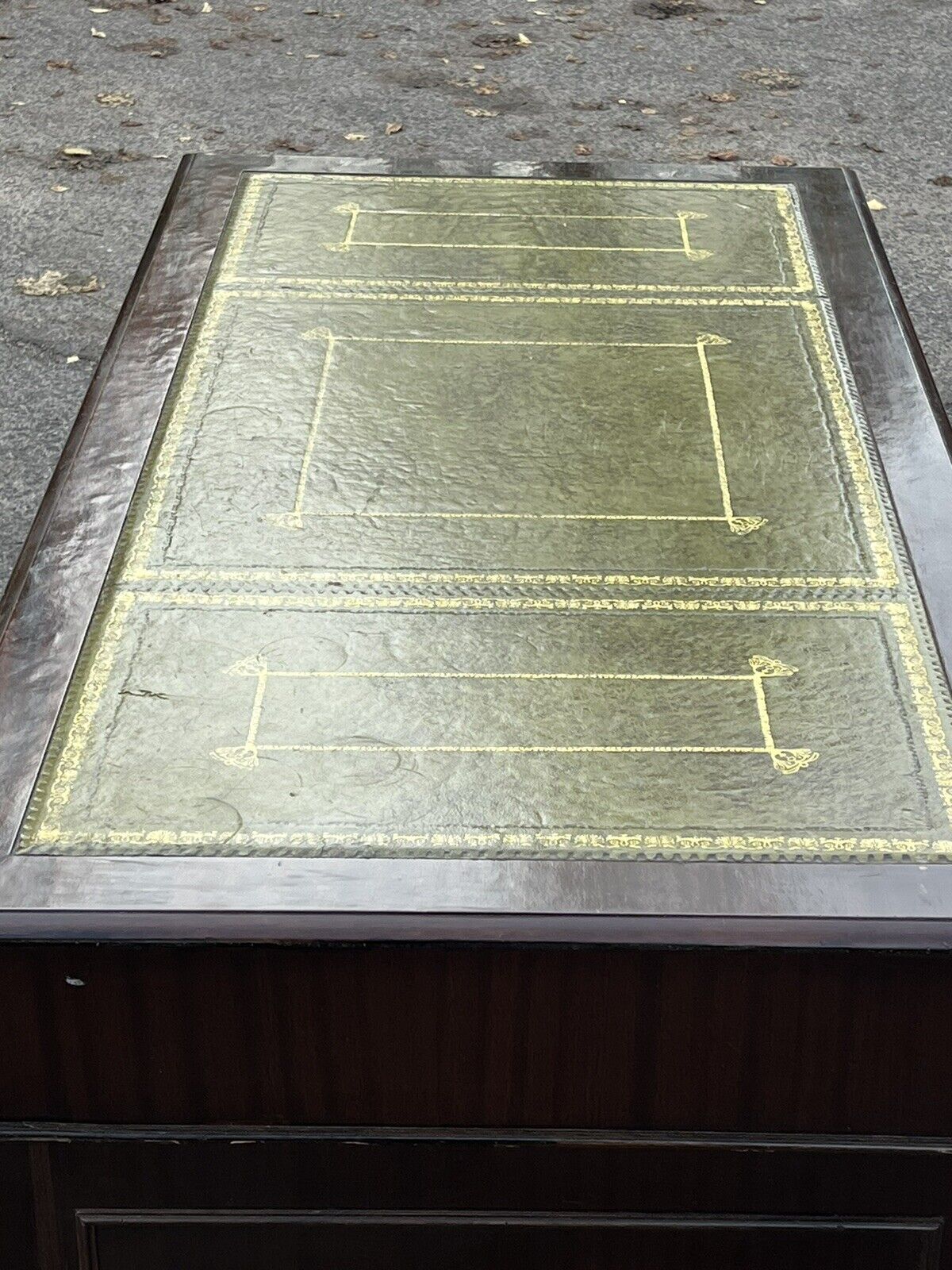 Pedestal Desk With Green Leather Top.