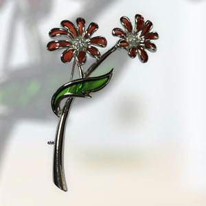 Vintage Silver Tone Plaque A Jour Red Flowers Brooch