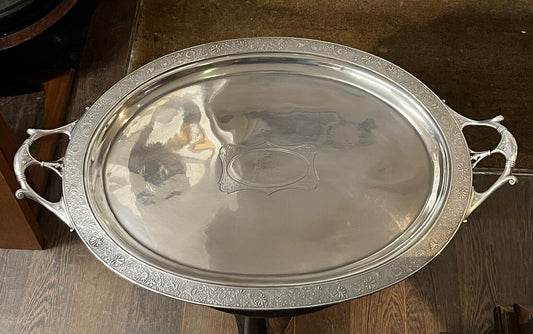 Huge English Art Noveau Butlers Silver Plate Tray With Fine Engraved Detail.