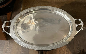 Huge English Art Noveau Butlers Silver Plate Tray With Fine Engraved Detail.