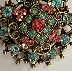 Vintage Signed Coro Blue Pink Clear Diamanté Detailed Brooch