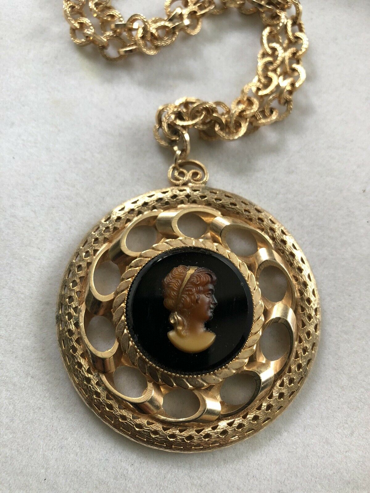 Vintage Cameo Glass Gold Tone Statement Long Length Necklace