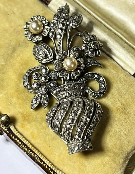 Vintage Silver Tone Marcasite Faux Pearl Flower In Vase Brooch