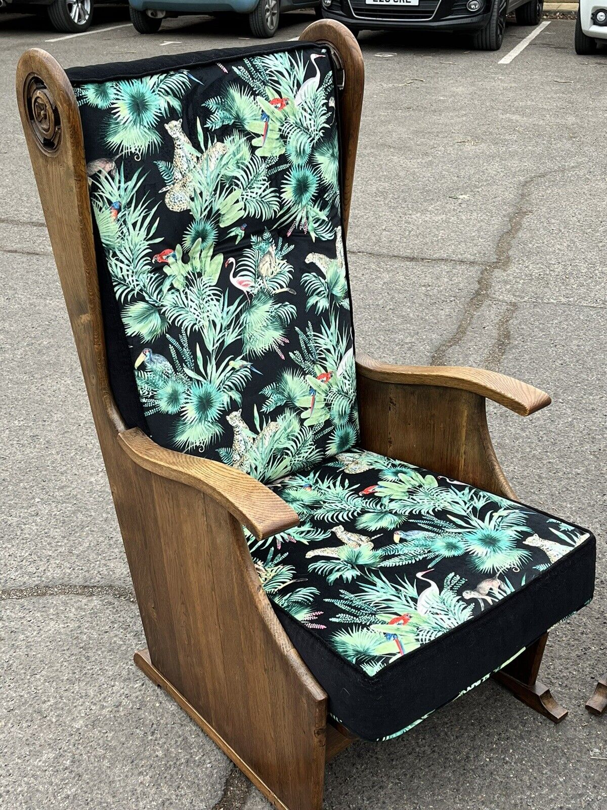 Mid Century Oak Armchairs Newly Upholstered In A Bright Jungle Print.