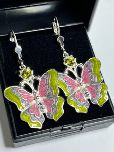 Vintage 1980s Rhodium Plated Enamel  Butterfly Earrings New Old Stock Boxed