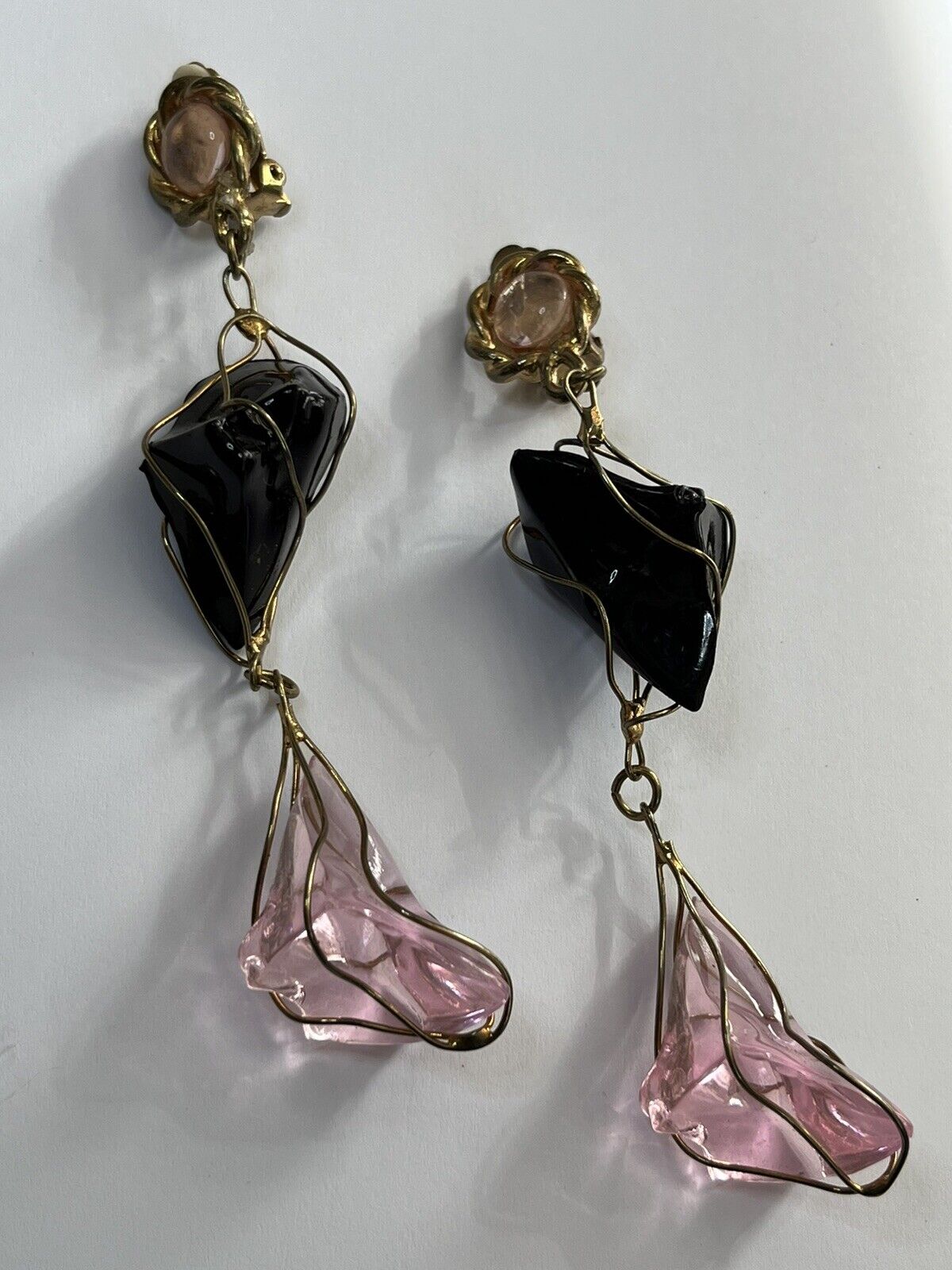 Vintage 1980s Black Pink Acrylic Long Length Statement Earrings