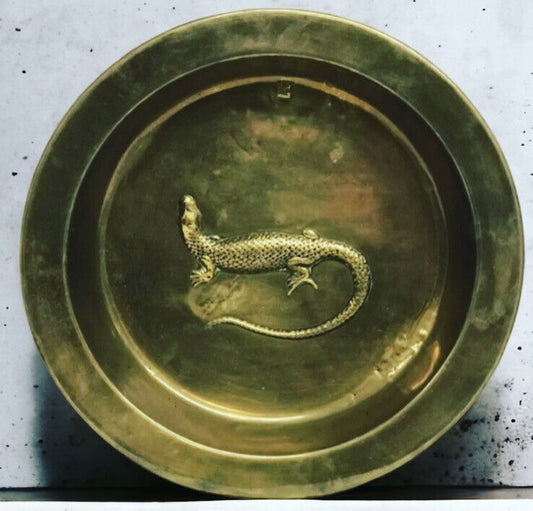Arts And Crafts Brass And Copper Wall Charger Decorated With A Lizard.
