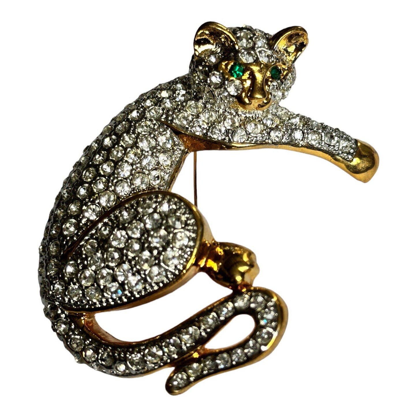 Vintage Runway Gold Tone Large Diamanté Cat Brooch