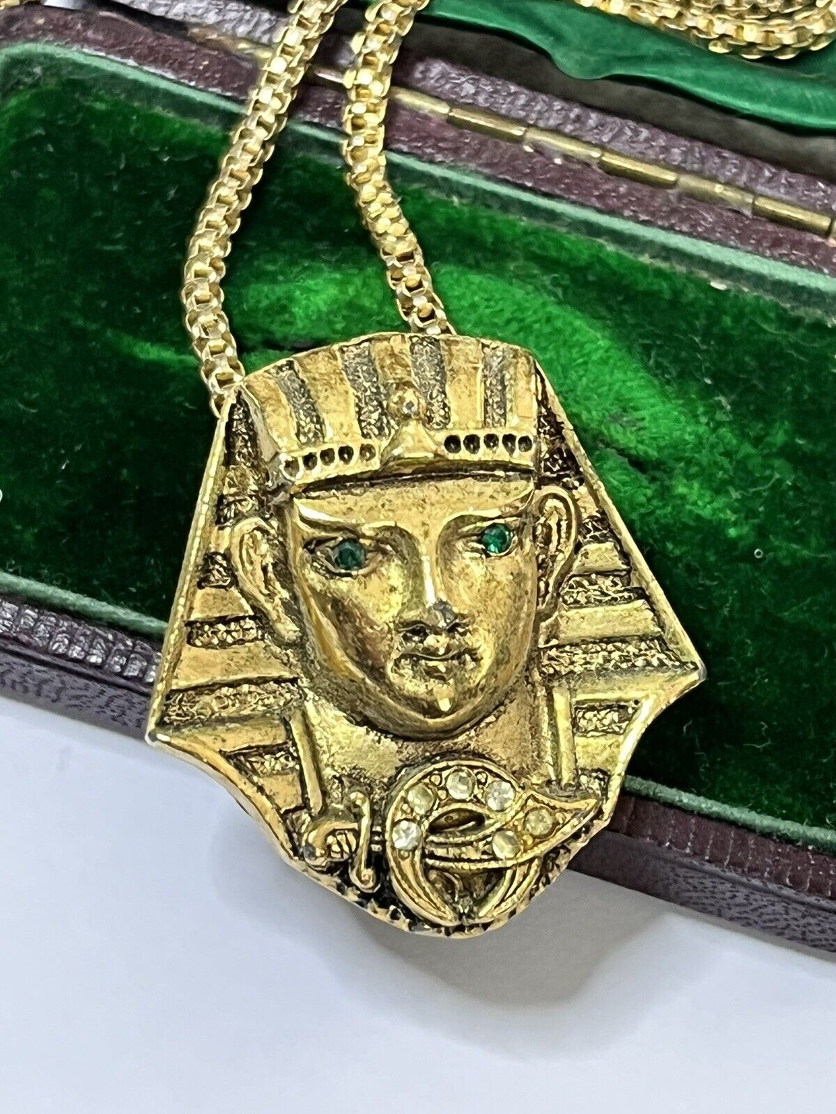 Vintage Gold Tone Green Diamanté Egyptian Pharaoh Pendant Necklace
