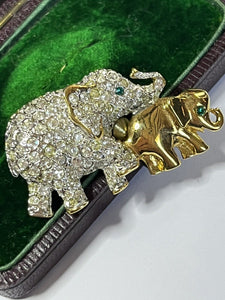 Vintage Gold Tone Diamanté Elephant And Calf Brooch