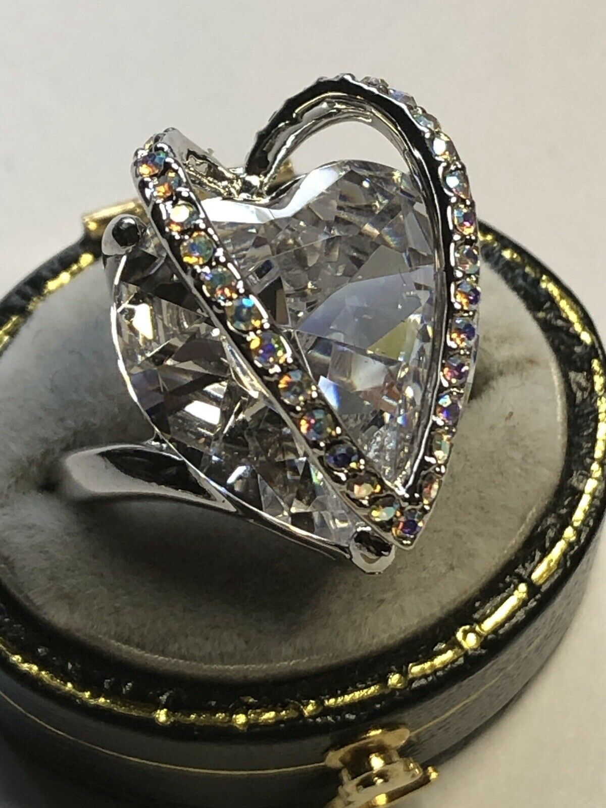 Vintage Rhodium Plated 3D Heart Cubic Zirconia Statement Ring