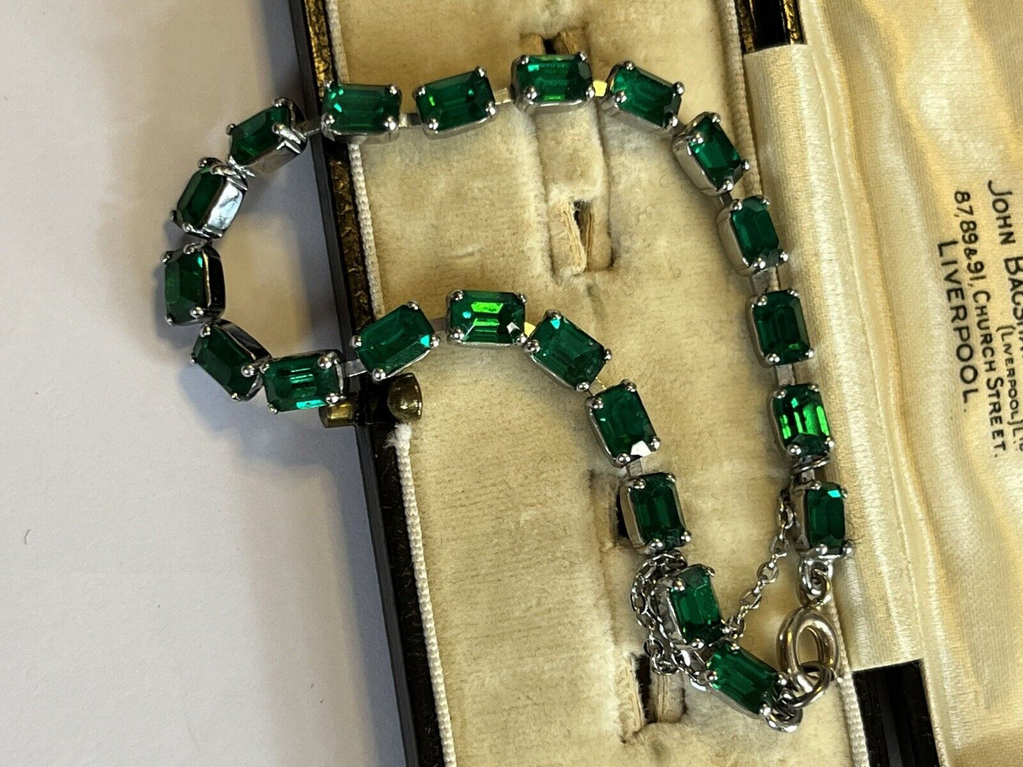 Vintage Silver Tone Green Stone Bracelet Safety Chain