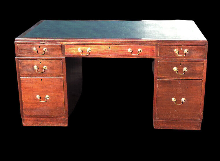 Mahogany Pedestal Desk, Brass Handles, New Green Top. LARGE IN SIZE