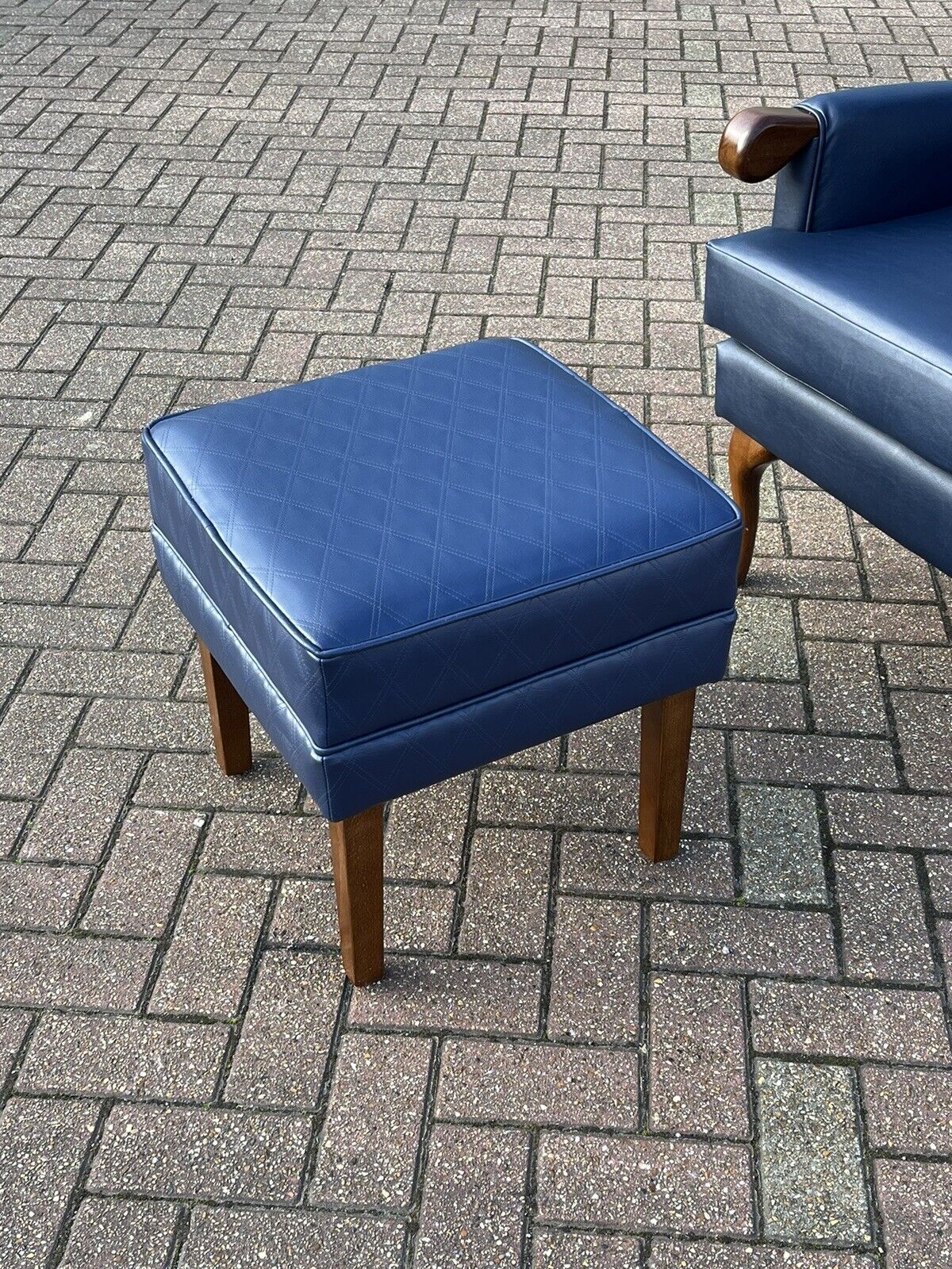 Blue Leather Armchair & Matching Foot Stool.