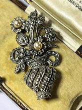 Vintage Silver Tone Marcasite Faux Pearl Flower In Vase Brooch
