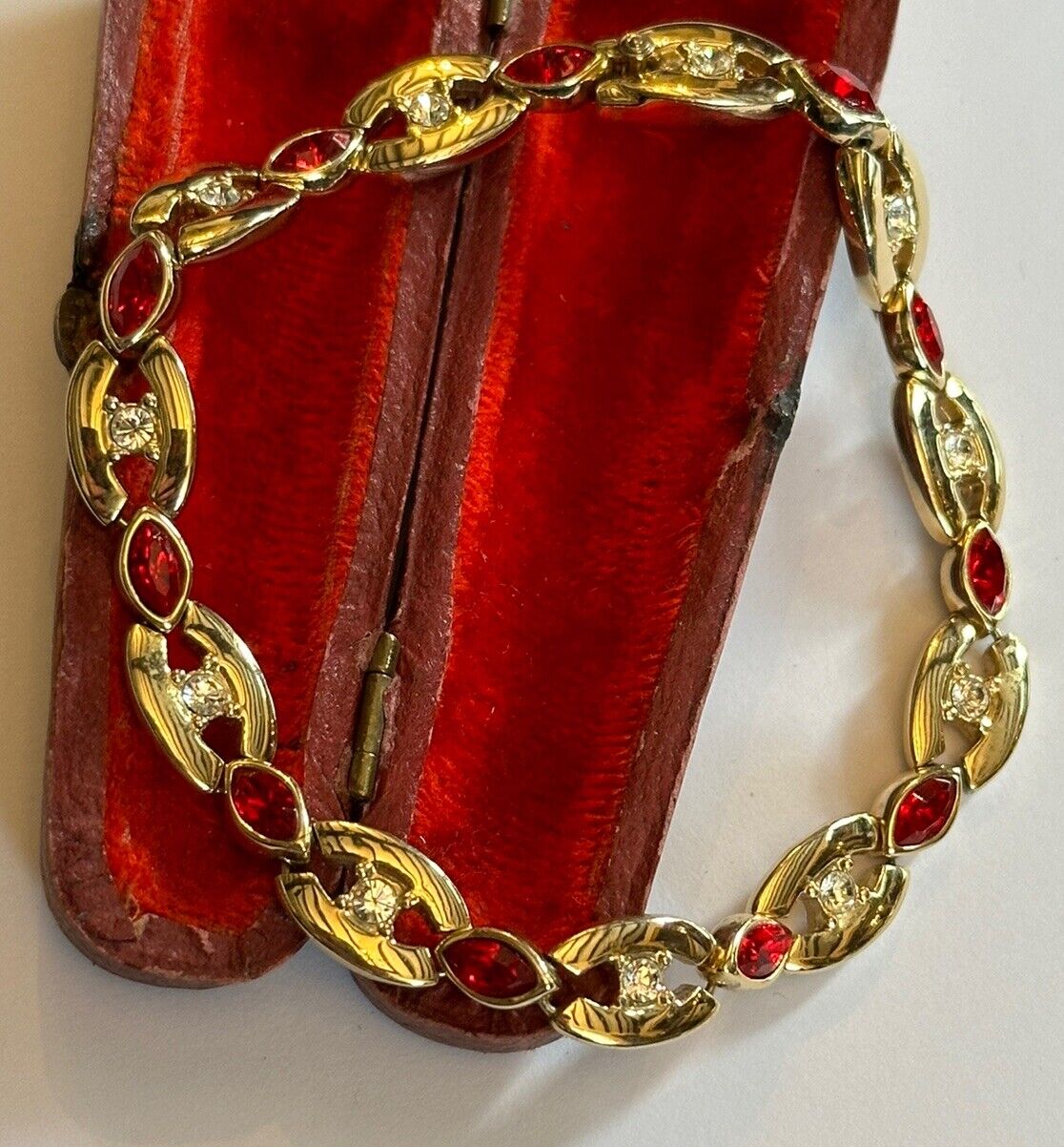 Vintage Gold Plated Red Clear Diamanté Bracelet