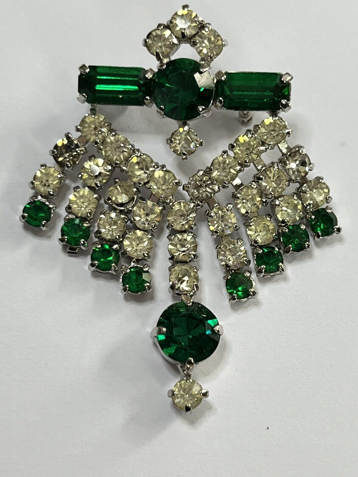 Vintage Silver Tone Green White Paste Brooch