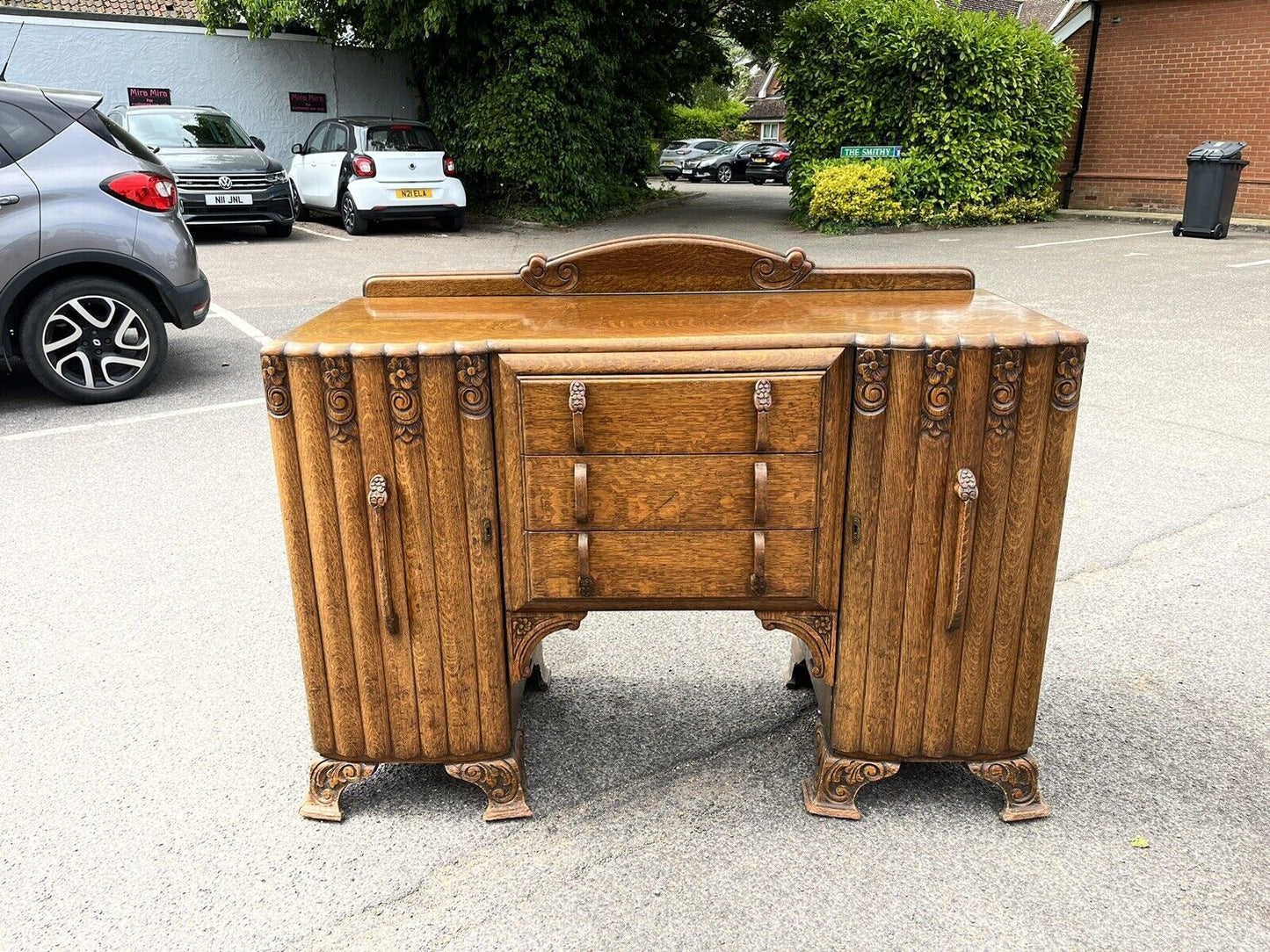 Art Deco Oak Sideboard. Circa 1930’s. Carved With Flowers . Lots Of Storage.