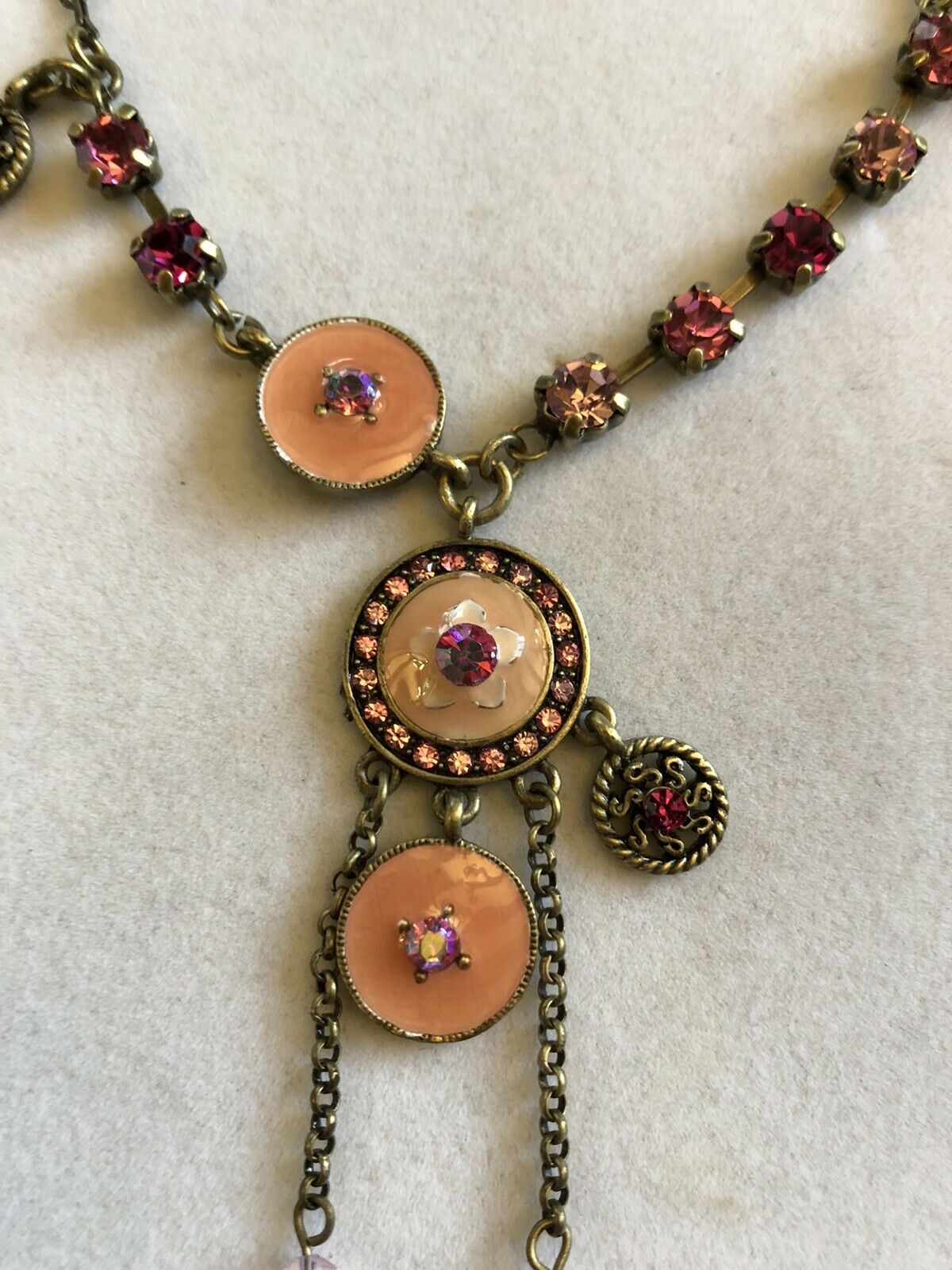 Vintage Pink Diamanté Enamel Drop Necklace