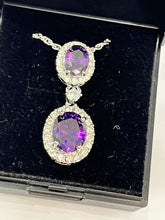 Vintage 1980s Rhodium Plated Purple Crystal Drop Necklace Boxed