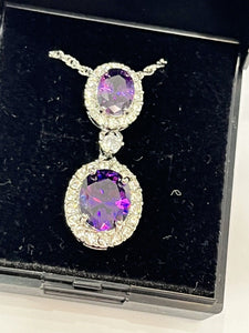 Vintage 1980s Rhodium Plated Purple Crystal Drop Necklace Boxed