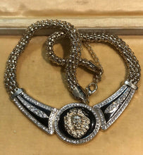 Vintage 1980s Lion Black Enamel Diamanté Necklace