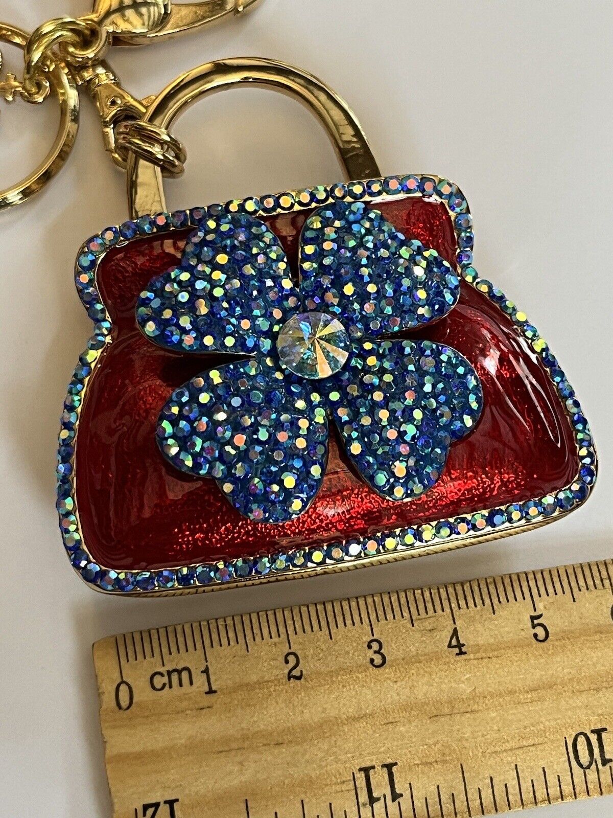 Butler And Wilson Large Red Enamel Blue Flower Handbag Keyring