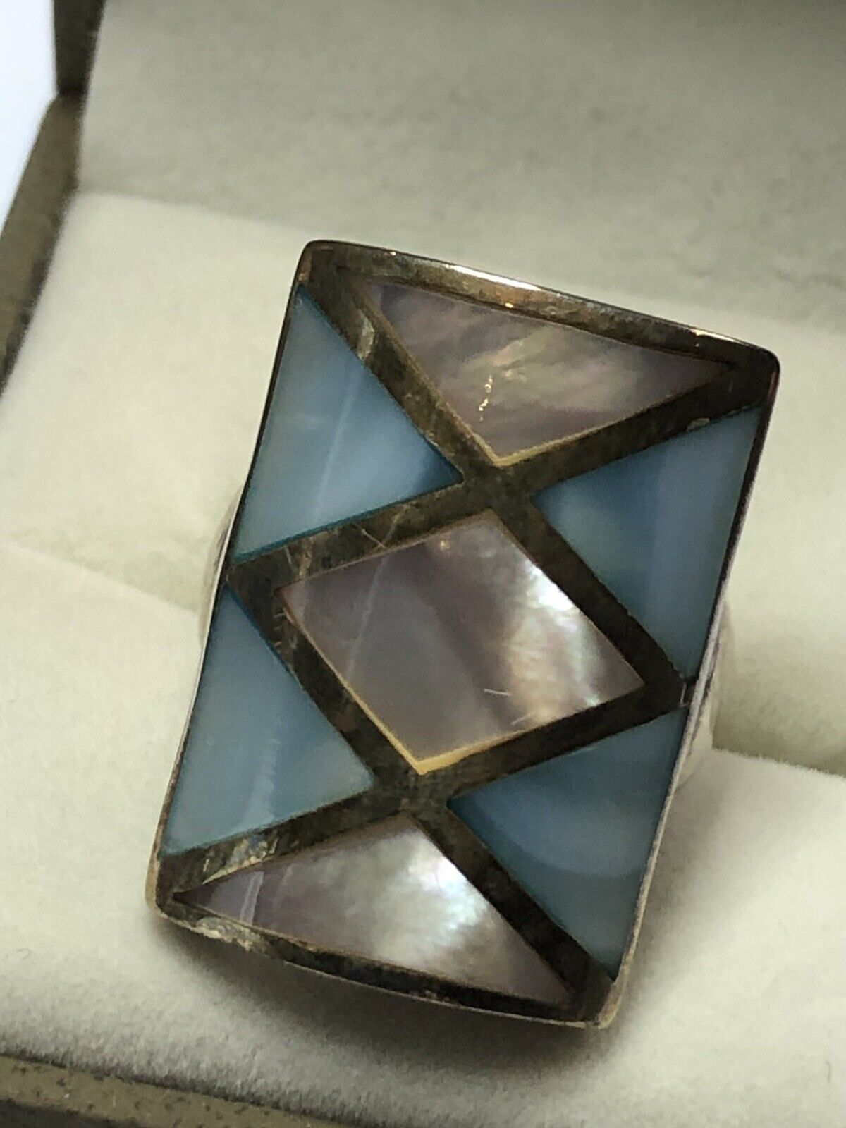Vintage SIlver 925 Mother Of Pearl Blue Pink Statement Ring