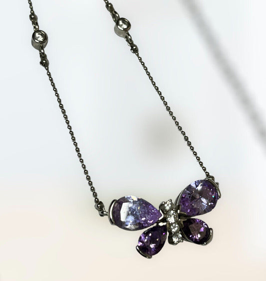 Vintage Rhodium Plated Purple Crystal Diamanté Butterfly Necklace
