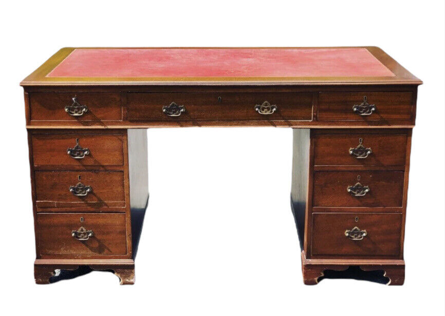 Pedestal Desk With Red Leather Top. Brass Handles.