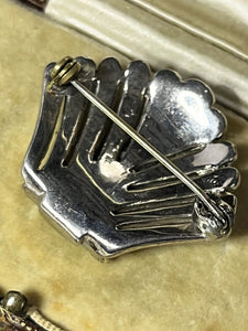 Vintage Deco Silver Tone Marcasite Faux Pearl Shell Brooch