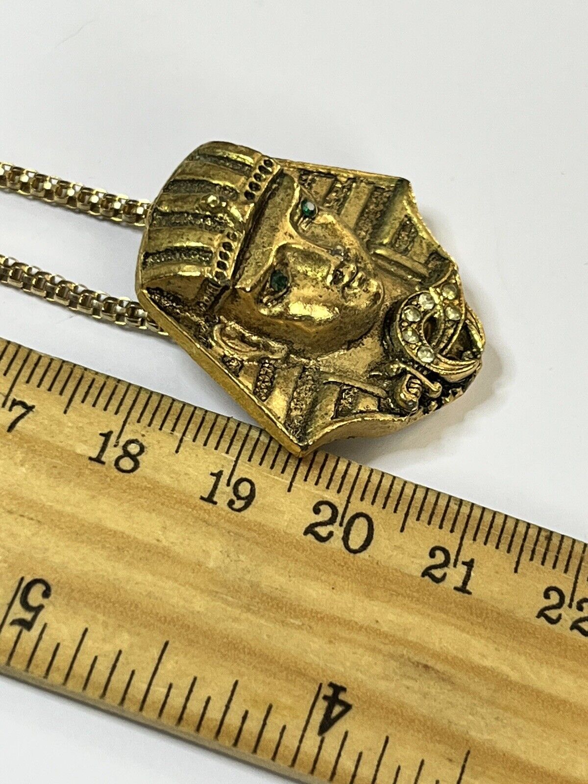 Vintage Gold Tone Green Diamanté Egyptian Pharaoh Pendant Necklace