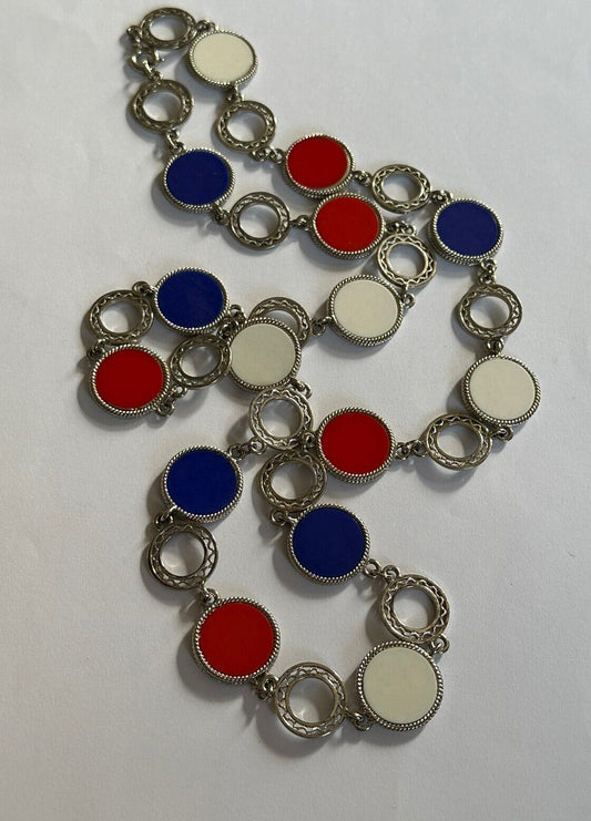 Vintage Silver Tone Red White Blue Enamel Disk Long Length Necklace