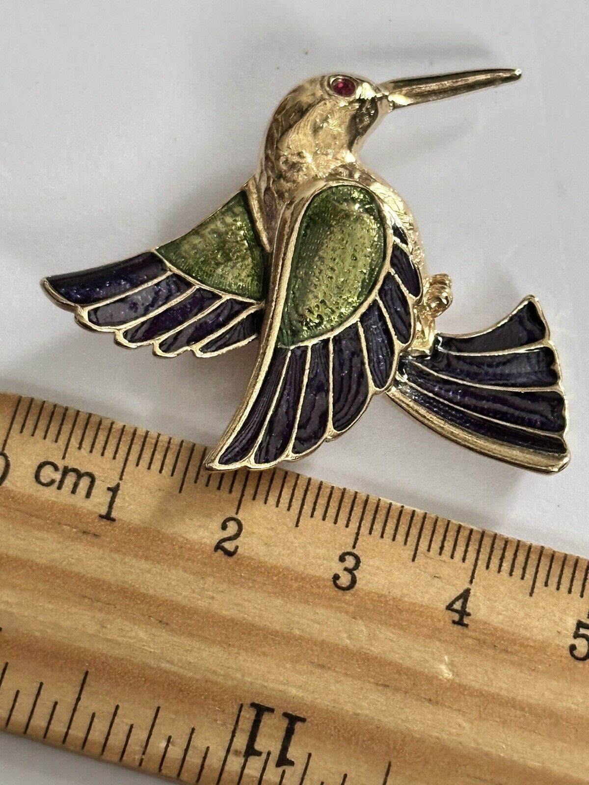 Vintage Gold Tone Blue Green Enamel Hummingbird Brooch