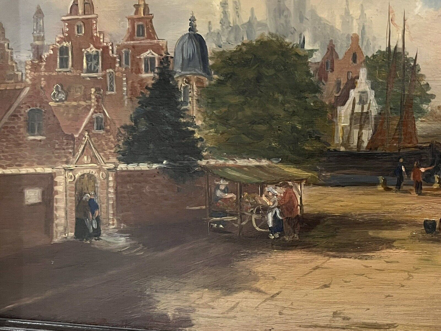 Antique Dutch Canal Scene Oil Painting, Signed F Knot In Frame